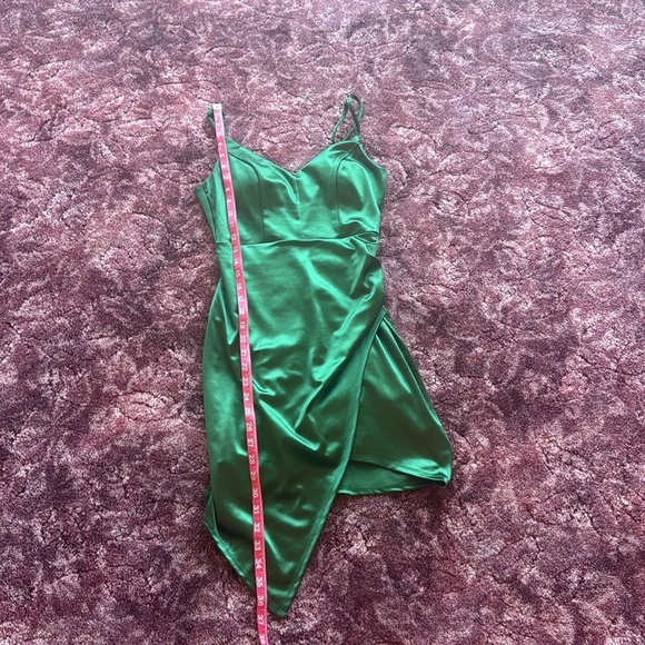 Elegant Green Satin Look Mini Slip Dress Asymmetrical hem size S - Picture 6 of 7